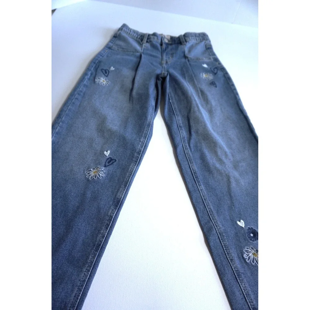 SO Girls Embroidered Heart Daisy Floral Straight Leg Denim Jeans Blue Size 10